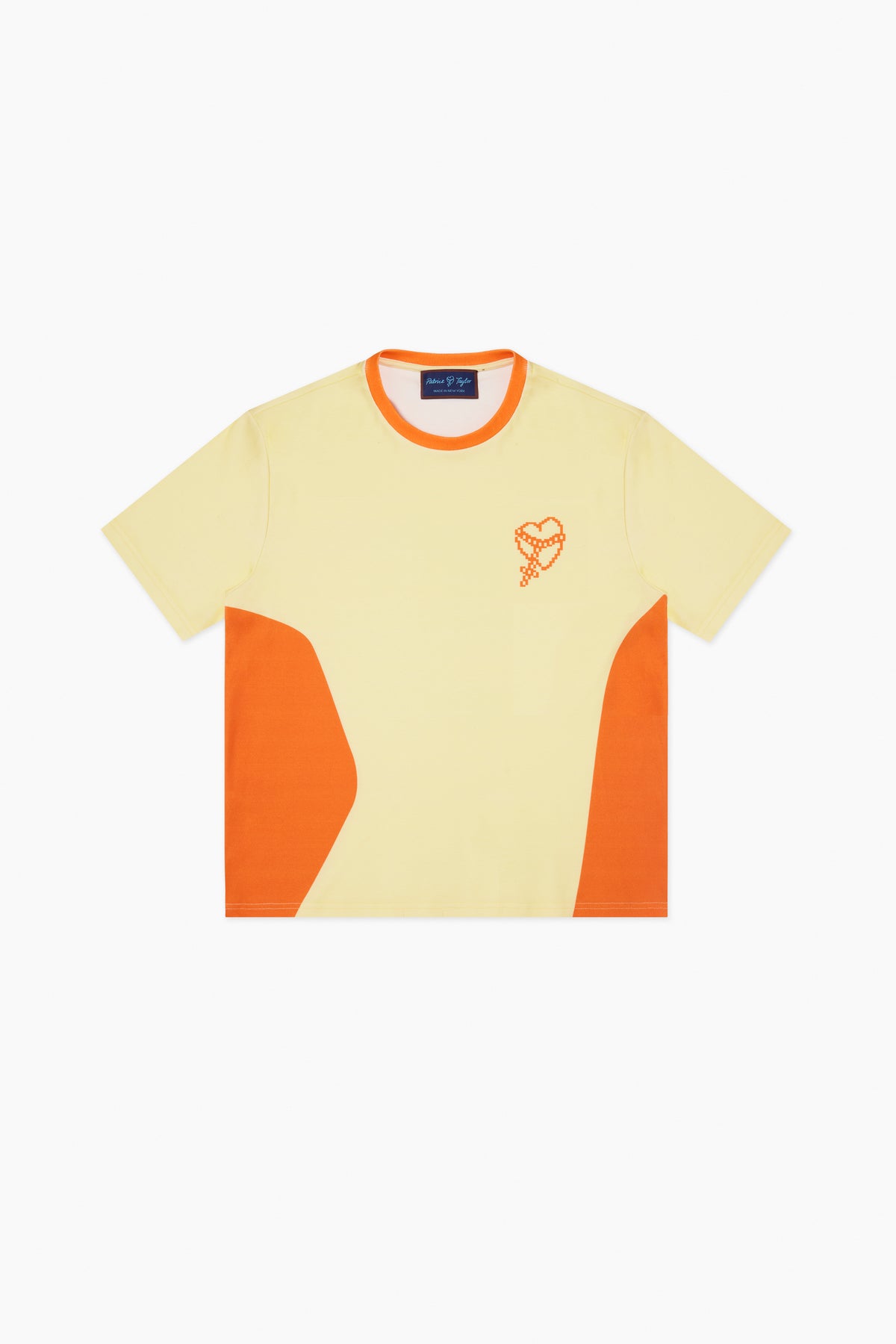 A short-sleeve t-shirt in pale yellow with orange color-blocked panels on the sides and a small orange heart-with-arrow graphic on the left chest, displayed flat against a light gray background.