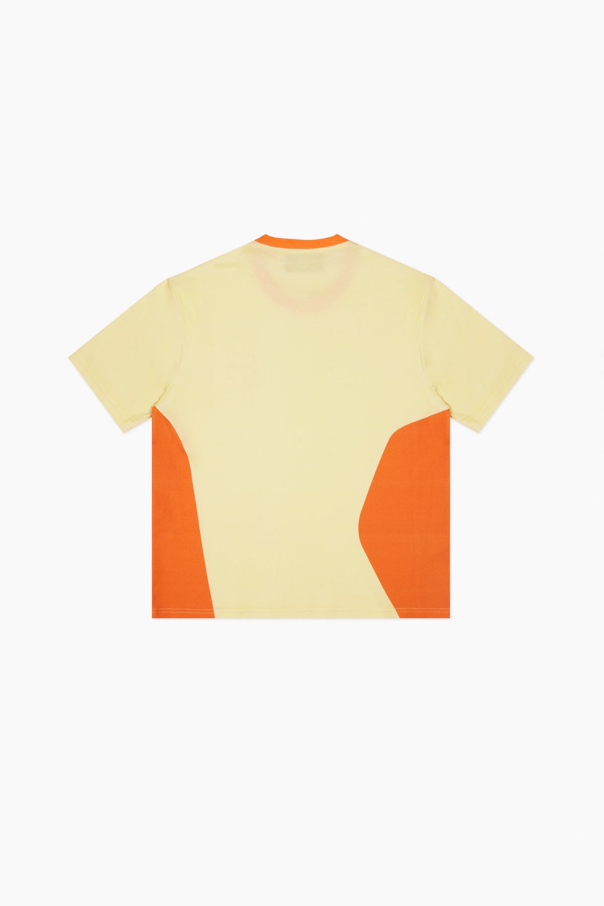 A short-sleeve t-shirt with a color-blocked design, featuring a pale yellow body with orange geometric panels on the sides and a thin orange collar, shown against a plain white background.