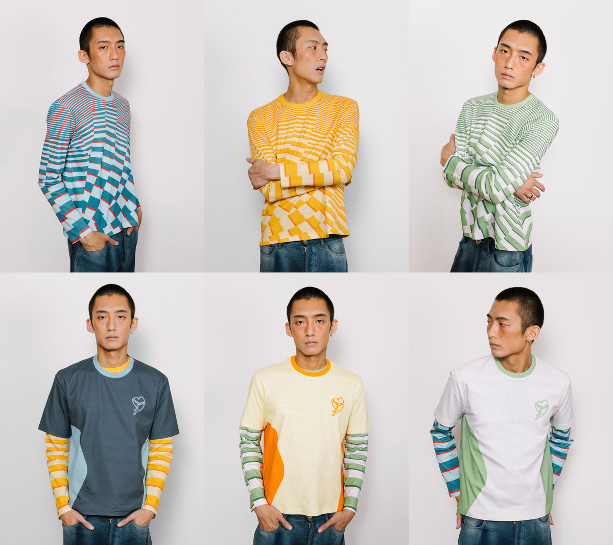 Six male models wearing long-sleeve knit color-blocked sweaters arranged in a 2x3 grid against a light gray studio background. The sweaters feature geometric stripe and checkerboard patterns in various color combinations including blue, teal, yellow, green, orange, and white.